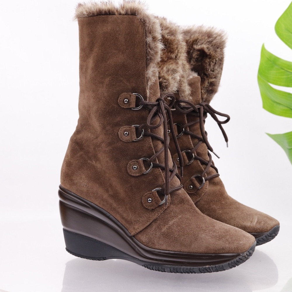 Aquatalia Womens Boots Size 7.5 Waterproof Brown Suede Fur Wedge Lace Up Booties